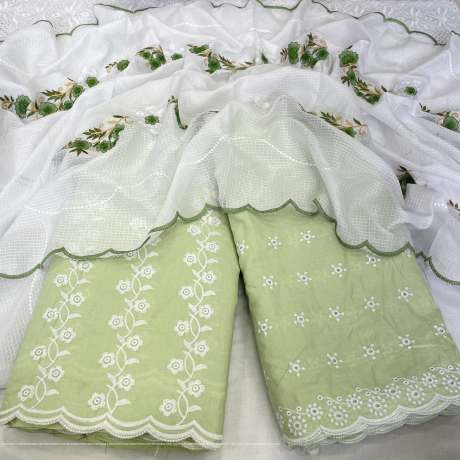 fancy pista embroidery worked kota doriya dress material   Cotton Dress