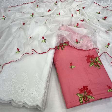 floral embroidery worked pink pure cotton dress material   Cotton Dress