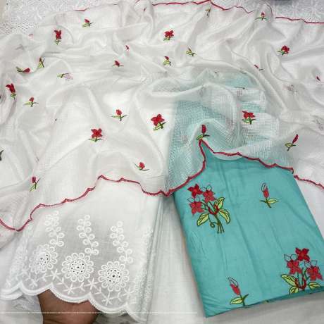 floral embroidery worked blue pure cotton dress material   Cotton Dress