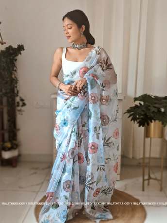 floral khatli worked with fancy border pure organza light blue saree  Sarees