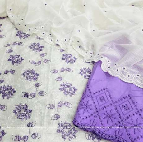 kota doriya Lavender color embroidery worked dress material  kota Doria Dress