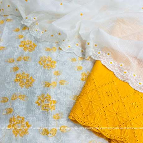 kota doriya yellow color embroidery worked dress material  kota Doria Dress
