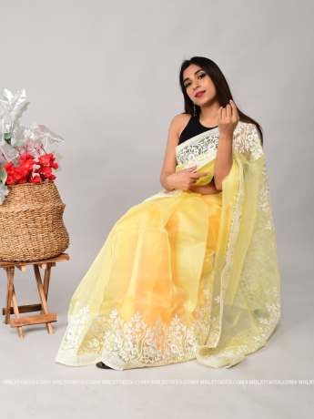 light yellow lakhnavi sequence worked pure organza saree  Sarees