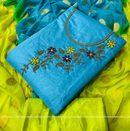 new khatali work on blue color chanderi cotton dress material   Cotton Dress