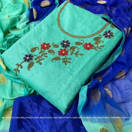 new khatali work on c green color chanderi cotton dress material   Cotton Dress