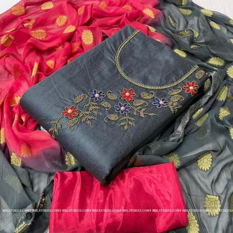 new khatali work on grey color chanderi cotton dress material   Cotton Dress