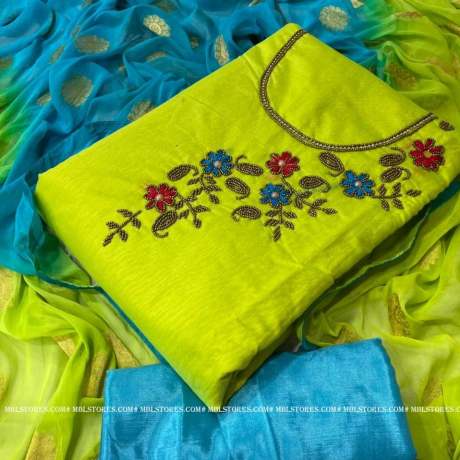 new khatali work on lime color chanderi cotton dress material   Cotton Dress