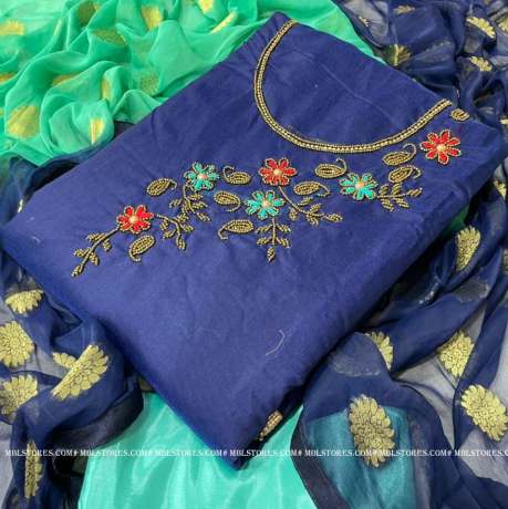 new khatali work on navy blue color chanderi cotton dress material   Cotton Dress