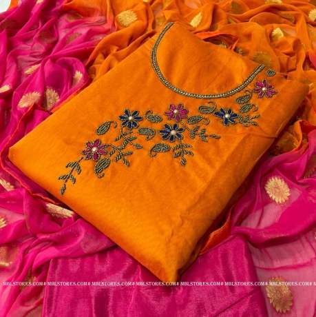 new khatali work on orange color chanderi cotton dress material   Cotton Dress
