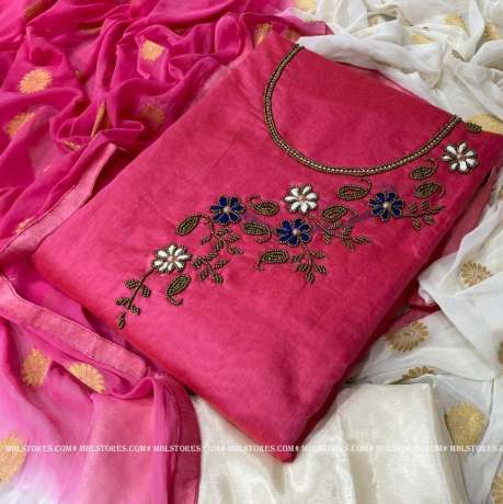 new khatali work on pink color chanderi cotton dress material   Cotton Dress