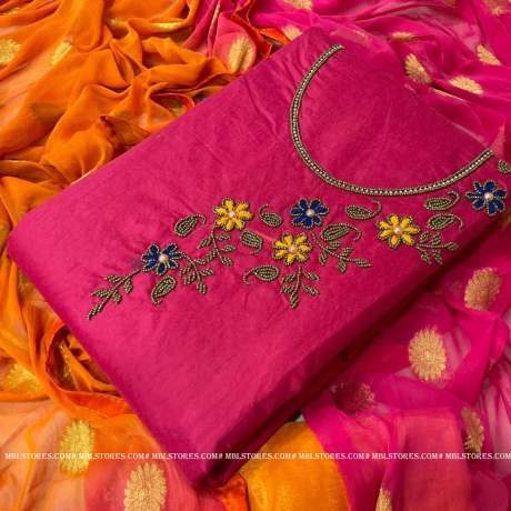 new khatali work on pink -orange color chanderi cotton dress material   Cotton Dress