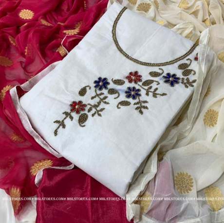 new khatali work on white color chanderi cotton dress material   Cotton Dress