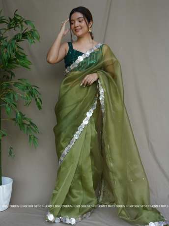 plain olive green sequence worked pure organza saree  Sarees