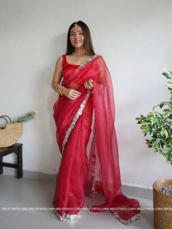 plain red sequence worked pure organza saree  Sarees