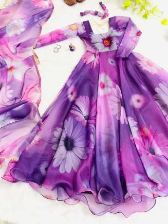 purple pure organza digital printed long gown  Gown