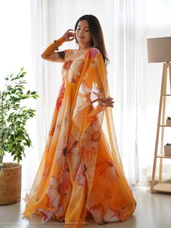 yellow pure organza digital printed long gown  Ethnic Wear 