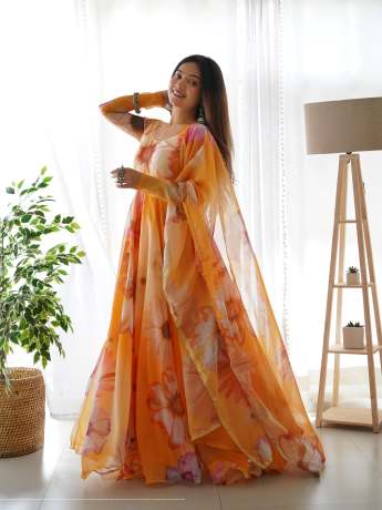 yellow pure organza digital printed long gown  Gown