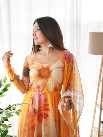 yellow pure organza digital printed long gown  Gown