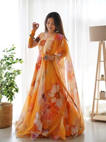 yellow pure organza digital printed long gown  Gown